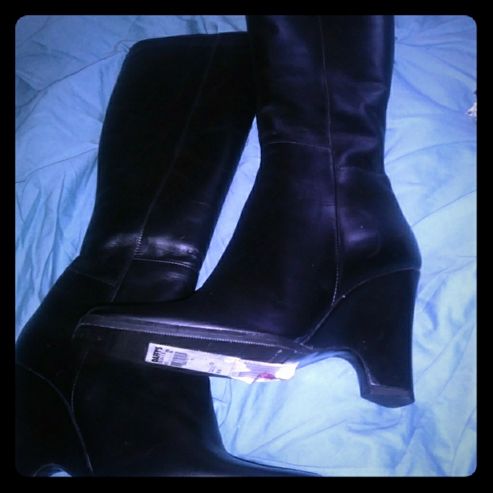 Classic Black Leather Wedge Heel Boot